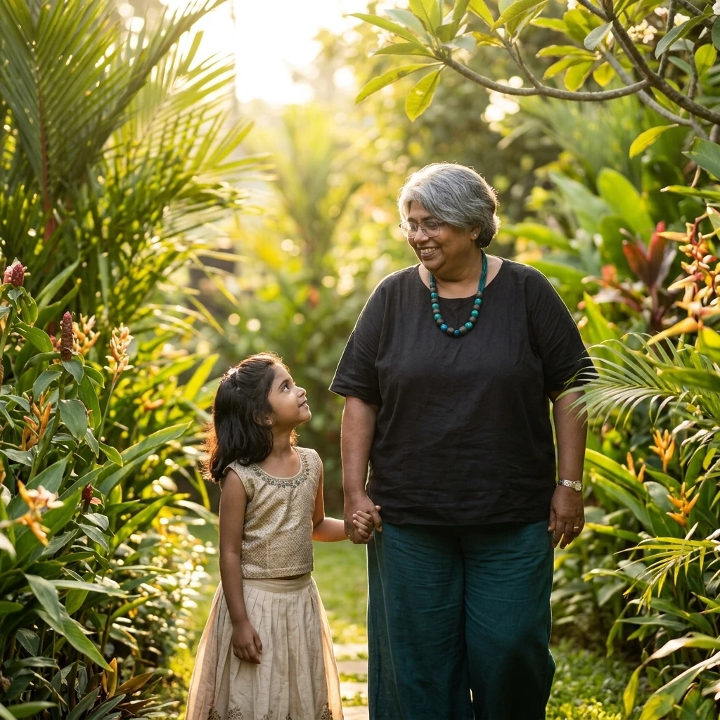 Coach Rosa walking in a garden with her daughter